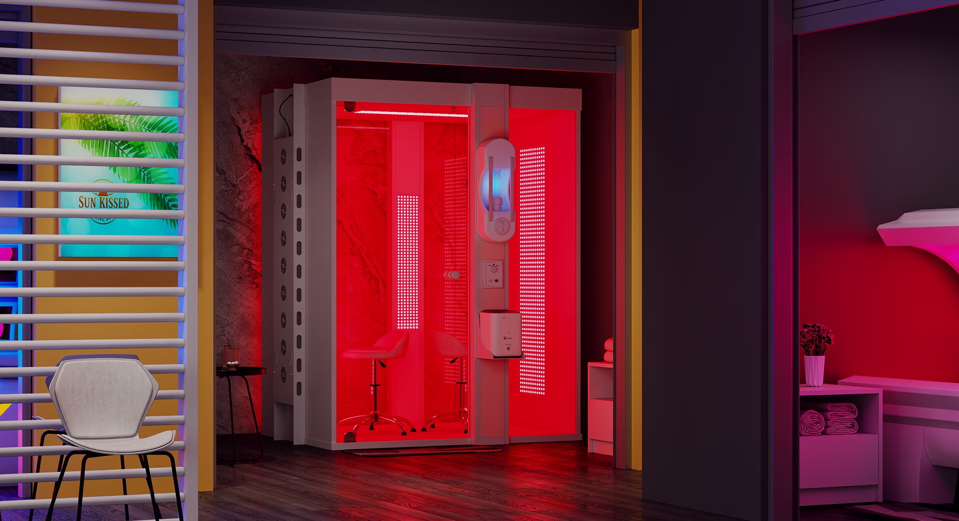 HaloRed-O2-Salt-and-red-light-therapy-booth-with-oxygen-concentrator-in-a-tanning-salon